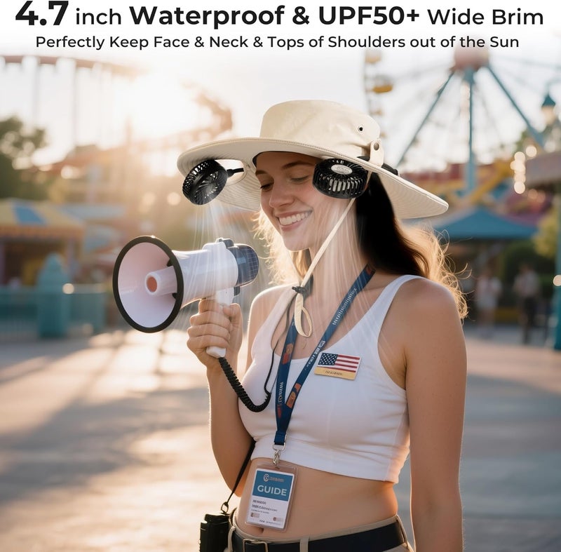 AMACOOL 2-in-1 Hands-free Hat Fan with Detachable Neck Fan, UPF 50+ Wide Brim Sun Hat, 3-Speed Adjustable, 2600mAh Rechargeable Fishing Essentials for Men Women Camping Travel Delivery Outdoor-Khaki - Image 4